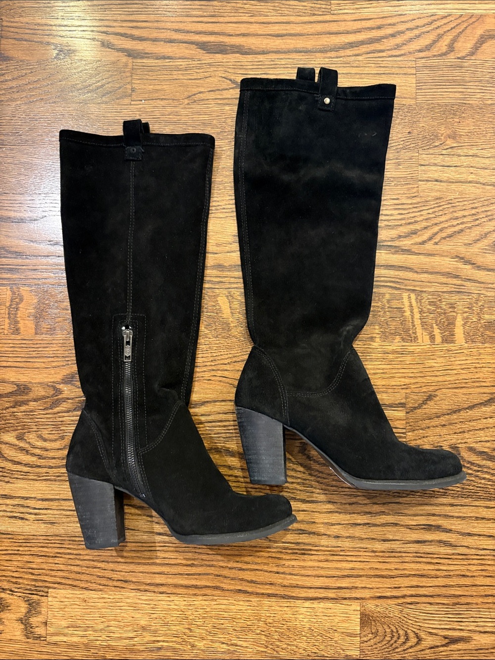 UGG Black Suede Knee-High Block Heel Boots - Women, 7, block heel
